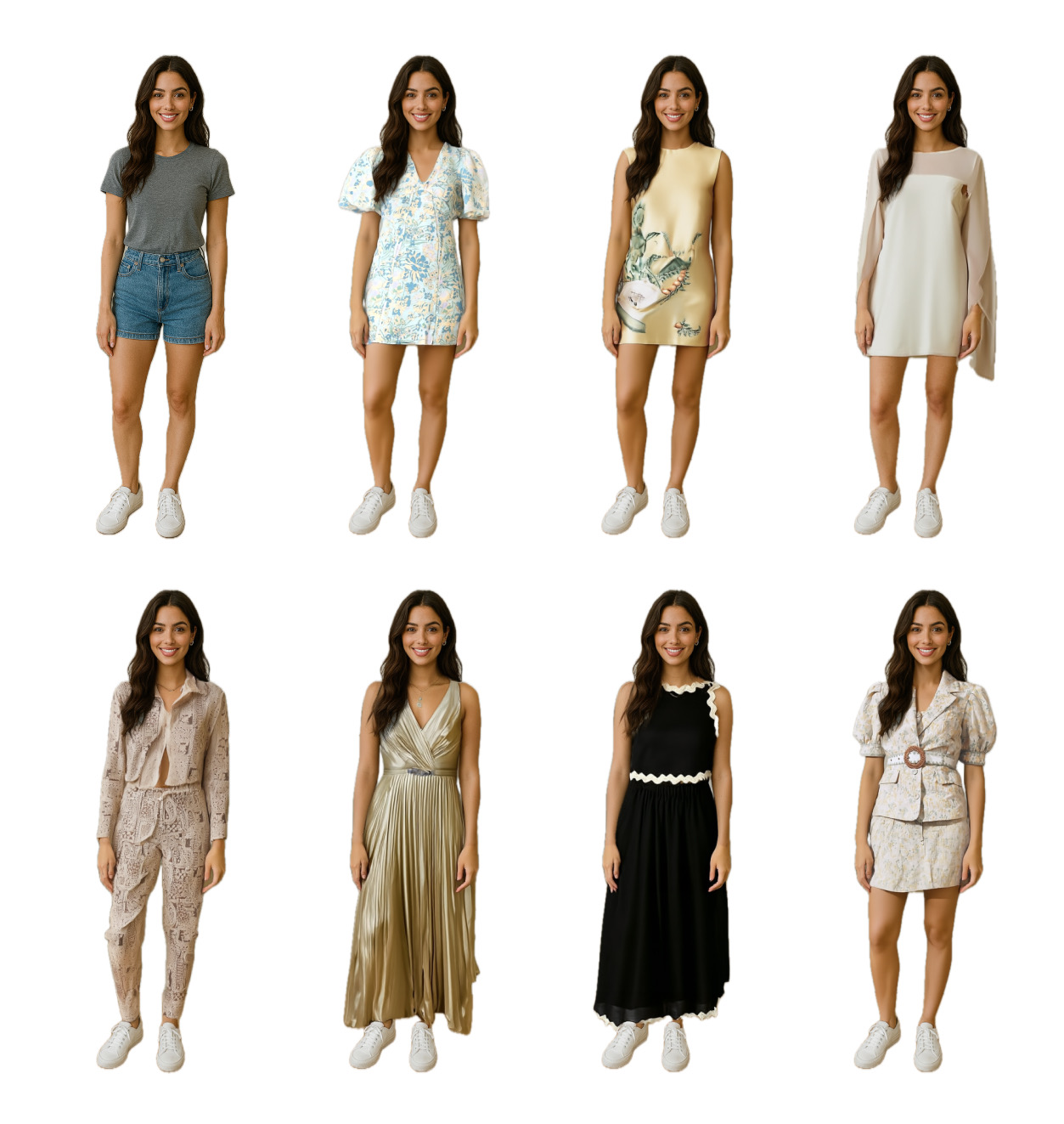 Eight images of a woman wearing different stylish outfits, including casual wear, floral dresses, elegant gowns, and a printed suit set, all paired with white sneakers.